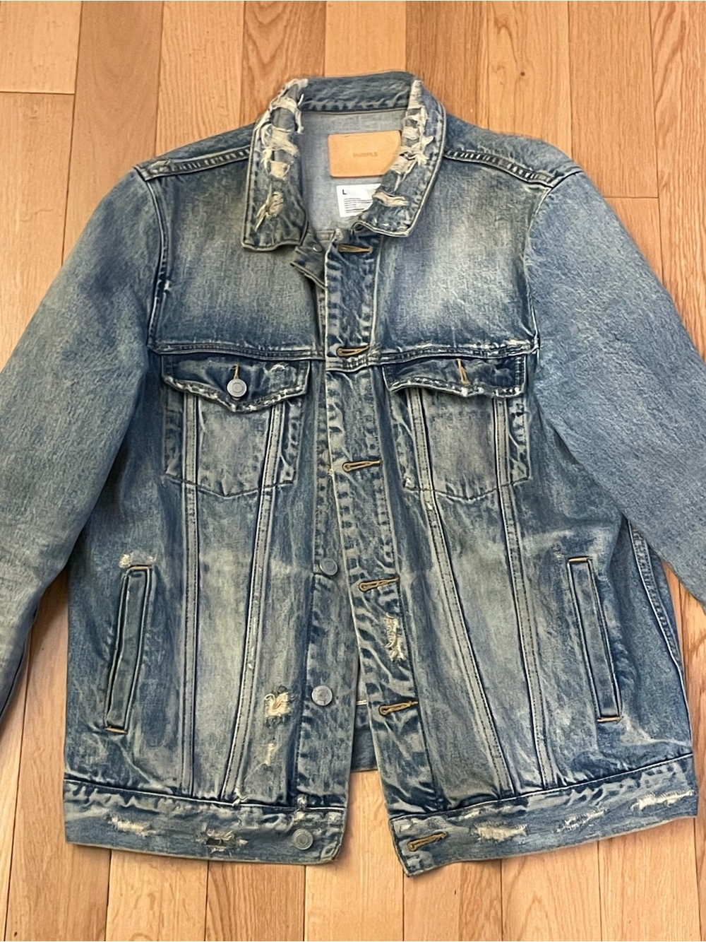 Purple Brand Men's Light Washed Denim Shirt Jacket - Casual Distressed Layer